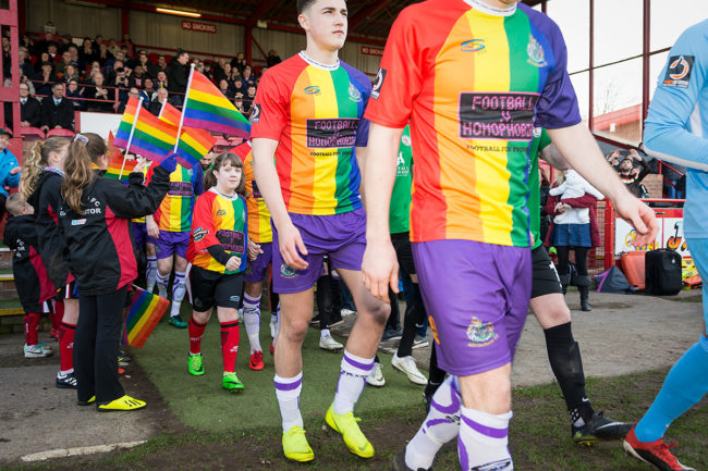 Altrincham FC players wearing an LGBT inspired kit to tackle homophobia in football