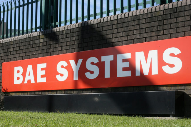 The BAE Systems logo is pictured at the BAE Systems site at Brough in East Yorkshire, north east England, on September 27, 2011.