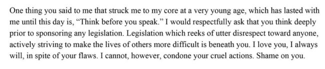 A paragraph of the letter Rep Ron Highland received from his lgbt daughter.