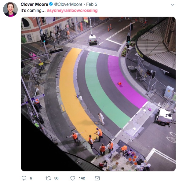 Clover Moore, lord mayor of Sydney, teases the rainbow crossing on Twitter 