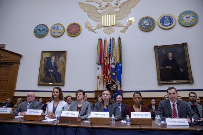 Transgender troops Navy Lt. Commander Blake Dremann, Army Capt. Alivia Stehlik, Army Capt. Jennifer Peace, Army Staff Sgt. Patricia King, Navy Petty Officer 3rd Class Akira Wyatt, and Dr. Jesse M. Ehrenfeld, chair-elect of the American Medical Association Board of Trustees speak at the Military Personnel Subcommittee hearing on "Transgender Service Policy."