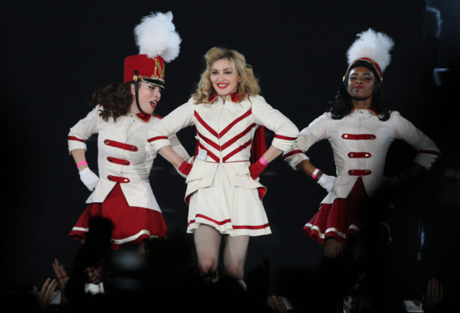 US singer Madonna performs on stage during her MDNA tour at St. Petersburg's Sports and Concert Complex on August 9, 2012. 