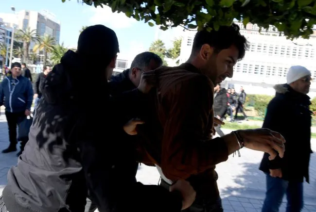 Tunisian policement pbreak off a protest by LGBT+ activists, who have protested the sentencing of a victimof rape and robbery for homosexuality.
