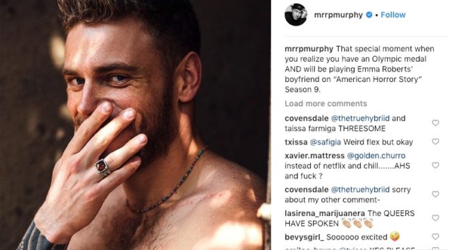 Ryan Murphy posted a picture on Instagram announcing Gus Kenworthy will be playing a role in American Horror Story season 9.