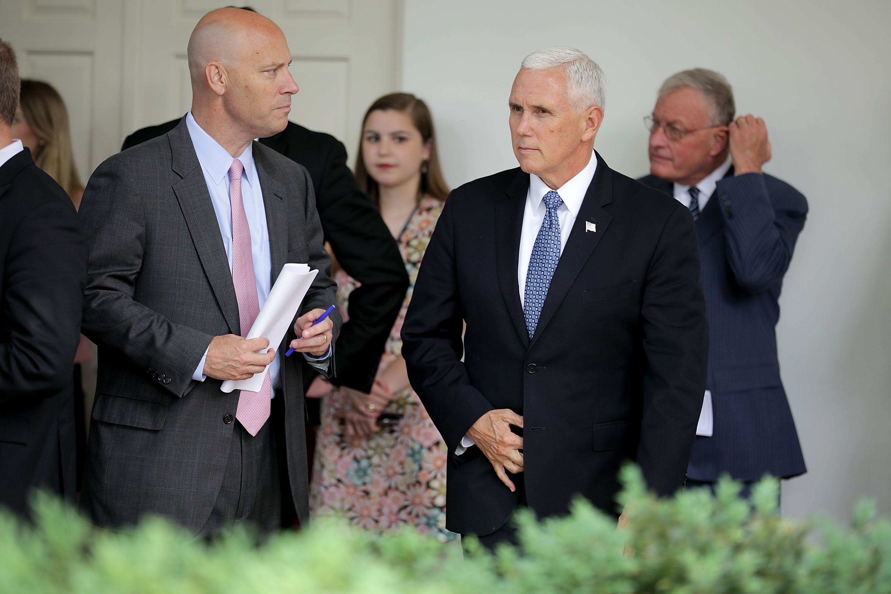 Marc Short and Vice President Mike Pence arrive for a signing ceremony for the Veterans Affairs Mission Act in the Rose Garden at the White House on June 6, 2018 in Washington, DC. 
