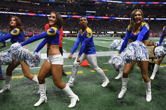 Rams cheerleader Napoleon Jinnies performs with other cheerleaders during Super Bowl LIII between the New England Patriots and the Los Angeles Rams at Mercedes-Benz Stadium in Atlanta, Georgia, on February 3, 2019. 