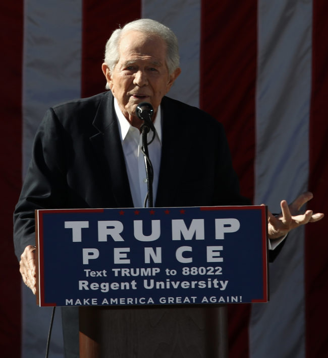 Regent University chancellor and CEO Pat Robertson delivers remarks at a campaign event for Republican presidential candidate Donald Trump at Regent University October 22, 2016 in Virginia Beach, Virginia.