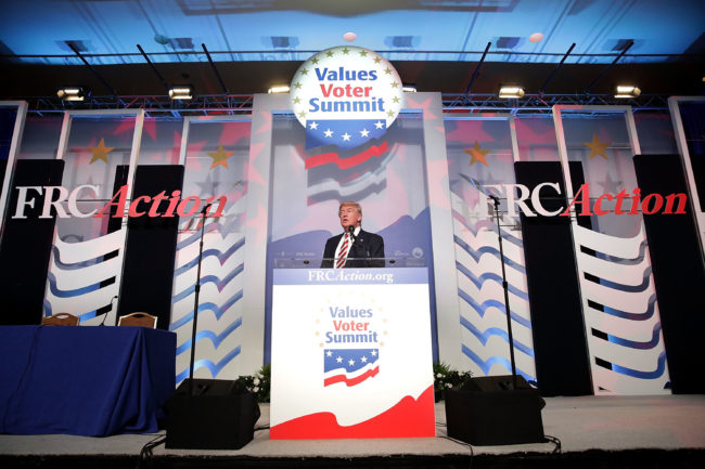 Decriminalise homosexuality: Republican presidential candidate Donald Trump addresses the Values Voter Summit at the Omni Shoreham September 9, 2016 in Washington, DC.