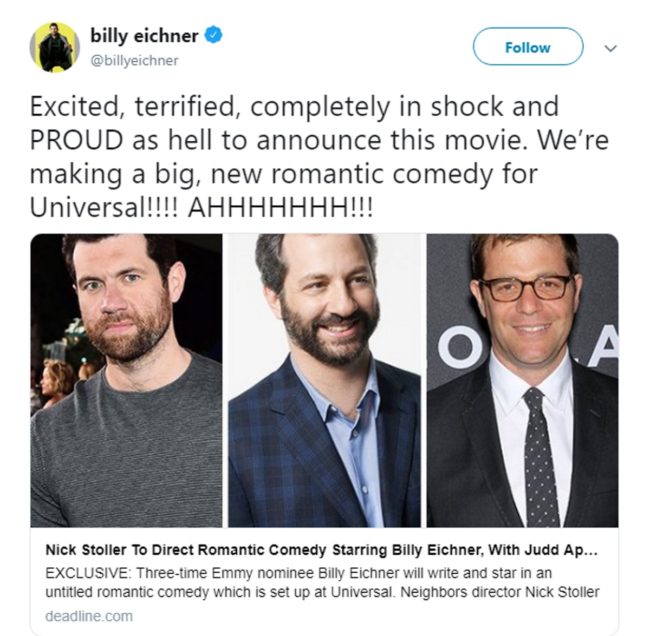 A tweet from Billy Eichner, who is set to star in a gay romantic comedy movie