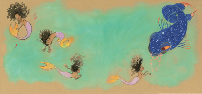 A page from Julian is a Mermaid in which the main character fantasises about being a mermaid