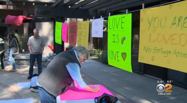 Students and Neighborhood Unitarian Universalist Church members create signs of support before the Westboro Baptist Church protests Sequoyah High School in Pasadena, California