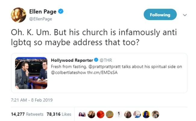 Ellen Page hits out at Chris Pratt about anti-LGBT Hillsong Chruch on Twitter