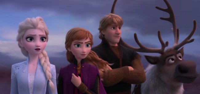 Still of Frozen 2 trailer with Anna, Kristoff, Sven and Elsa, who some fans think is a lesbian