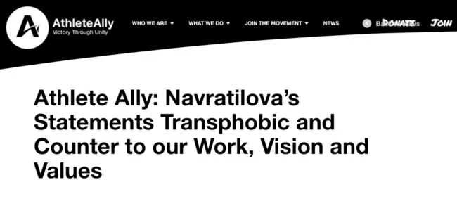 Athlete Ally released a stateemnt condemning Martina Navratilova for her 'transphobic' comments.