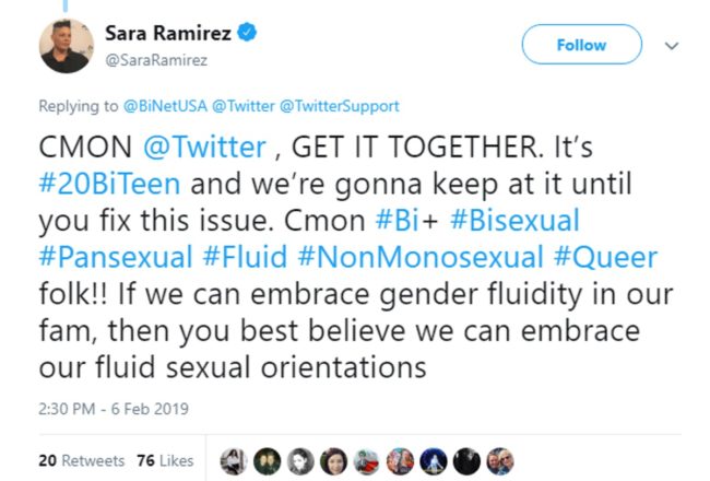A tweet by actress Sara Ramirez about #20BiTeen