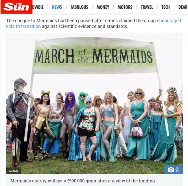 A screenshot of an article on The Sun;s website in which Mermaids is confused with March of the Mermaids