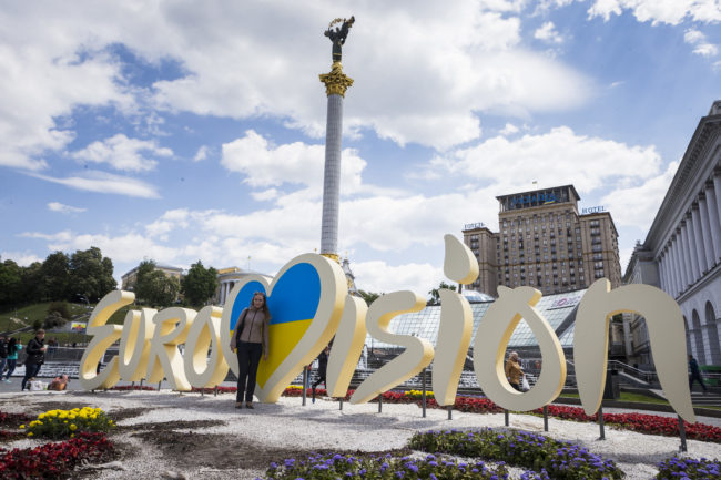 Fans poses in front of the Eurovision sign outside of the Eurovision Village on May 11, 2017 on Kreschatyk Street in Kiev, Ukraine. The final of the 62nd Eurovision Song Contest was aired on May 13, 2017.