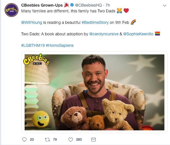 CBeebies announced Will Young as a guest on the Bedtime Stories show, reading a book about LGBT parents.