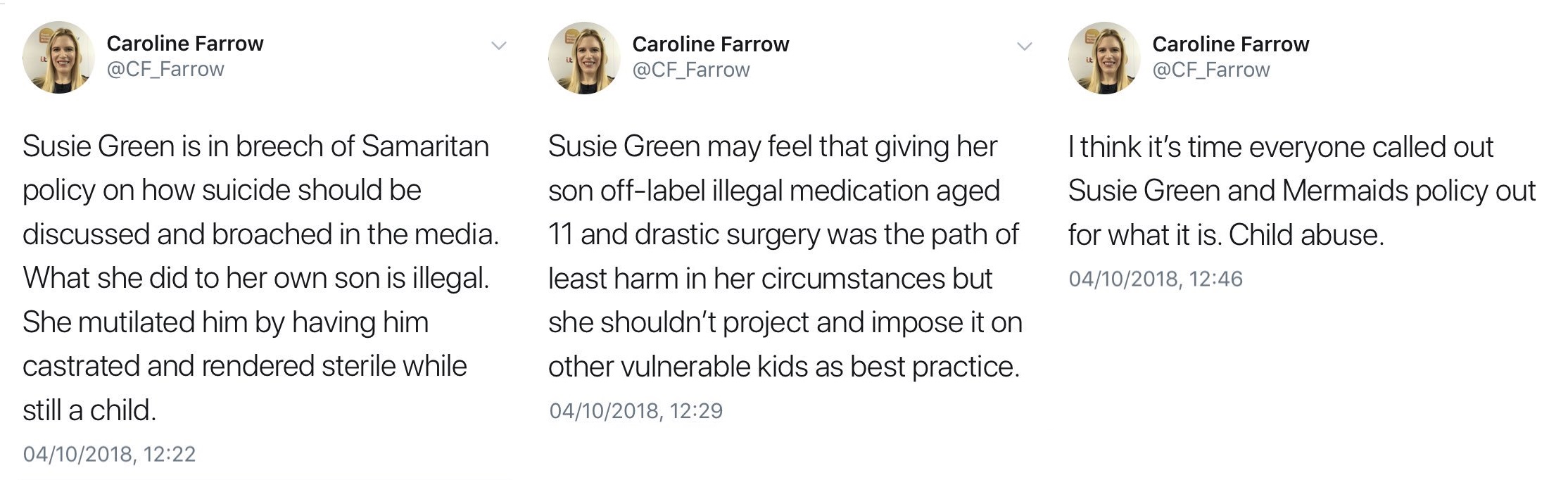 Caroline Farrow's tweets described Mermaids CEO Susie Green's work as 'child abuse' and accused her of 'mutilating' her transgender daughter. 