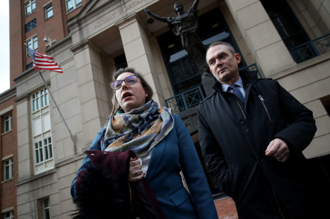 Attorneys for Chelsea Manning, Moira Meltzer-Cohen (L) and Christopher Leibig (R) speak outside the Albert V. Bryan United States Courthouse following a hearing for Manning March 8, 2019 in Alexandria, Virginia.