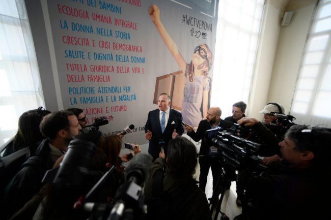 Brian S. Brown, American co-founder of the National Organization for Marriage (NOM) and president of the World Congress of Families (C) addresses the media on the first day of the World Congress of Families (WCF) conference on March 29, 2019 in Verona. 