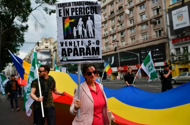 A demonstration against same-sex marriage in Romania, one of the anti-LGBT causes supported by American religious conservative groups. 
