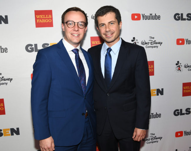 Chasten Glezman (L), and Mayor Peter Buttigieg at the 2017 GLSEN Respect Awards at the Beverly Wilshire Hotel on October 20, 2017 in Los Angeles, California.