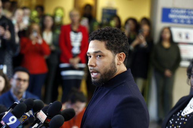 Actor Jussie Smollett speaks with members of the media after his court appearance at Leighton Courthouse on March 26, 2019 in Chicago, Illinois.