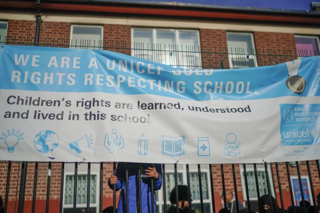 Parents, children and protesters demonstrate against the LGBT-inclusive education offered in the 'No Outsiders' programme at Parkfield Community School on March 21, 2019 in Birmingham, England.