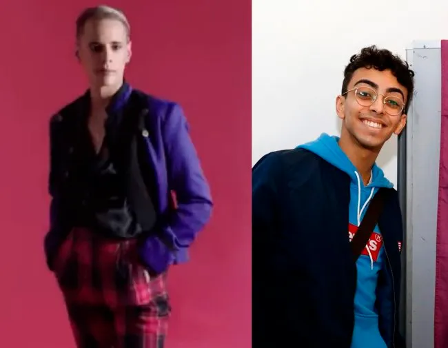 L - Fictional character TJ in Israeli comedy Douze Points. R - France's real-life Eurovision contestant Bilal Hassani