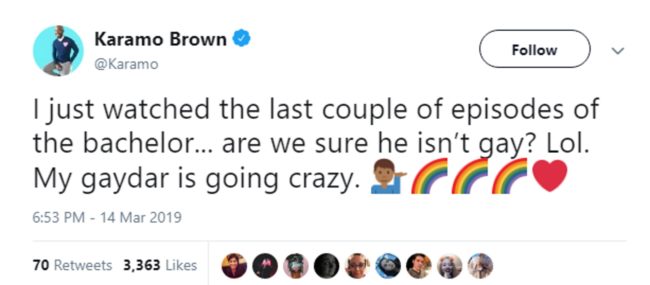 A tweet from Karamo Brown about The Bachelor season 23 star Colton Underwood.