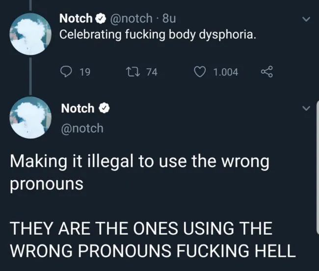 A tweet by Minecraft creator Markus "Notch" Persson expressing anti-trans views.