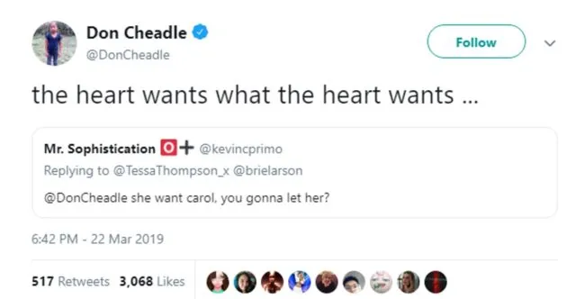 A tweet by Don Cheadle about the ship of Captain Marvel and Valkyrie endorsed by Brie Larson and Tessa Thompson.