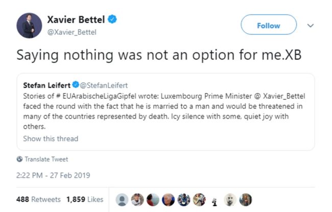 A tweet by gay Luxembourg leader Xavier Bettel.