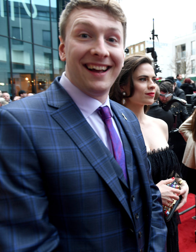 Actress Hayley Atwell (R) and Joe Lycett (L) attend the THREE Empire awards at The Roundhouse on March 19, 2017 in London, England.