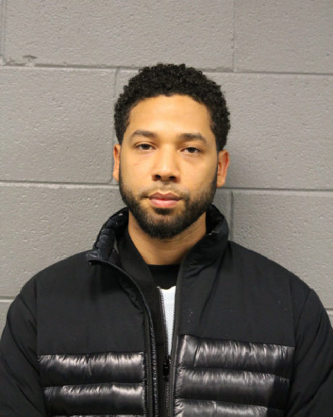 In this handout provided by the Chicago Police Department, Jussie Smollett poses for a booking photo after turning himself into the Chicago Police Department on February 21, 2019 in Chicago, Illinois.