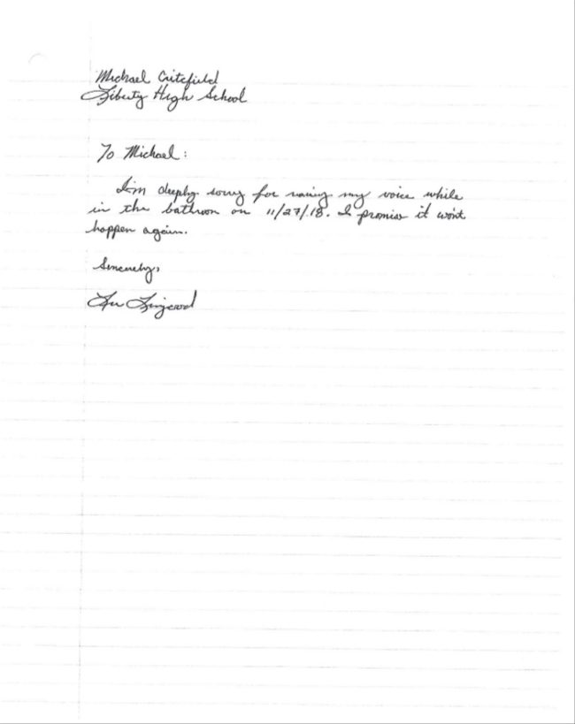 Photo of letter Lee Livengood wrote to Michael Critchfield.