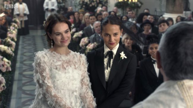 Lily James and Alicia Vikander play a same-sex couple in the mini-sequel to Four Weddings and a Funeral.