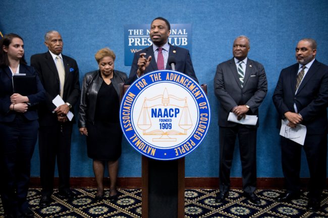 Derrick Johnson, President and CEO of the NAACP, speaks during a press conference.