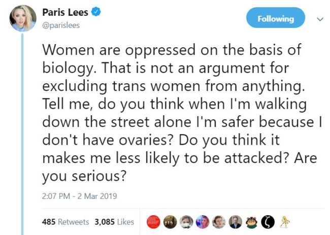 Paris Lees was quick to criticise Davies' comments. (@Parislees / Twitter)