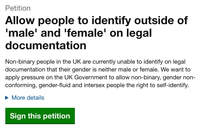 A screenshot of the petition demanding the recognition of a non-binary option on legal documents.