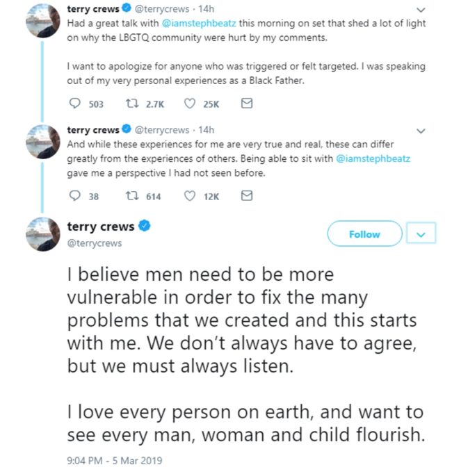 Tweets by Terry Crews in which the Brooklyn Nine-Nine star apologises for his comments about same-sex parents.