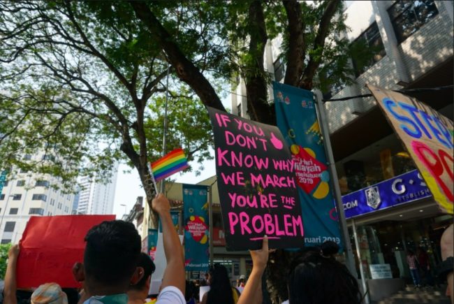 LGBT rainbow flag seen at the women's march in Malaysia.