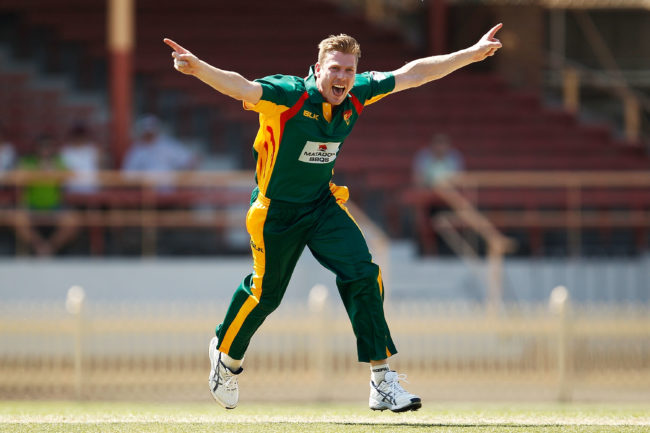 James Faulkner of Tasmania celebrates after claiming the wicket of Nathan Reardon of Qld during the Matador BBQs One Day Cup match between Queensland and Tasmania at North Sydney Oval on October 5, 2015 in Sydney, Australia. 