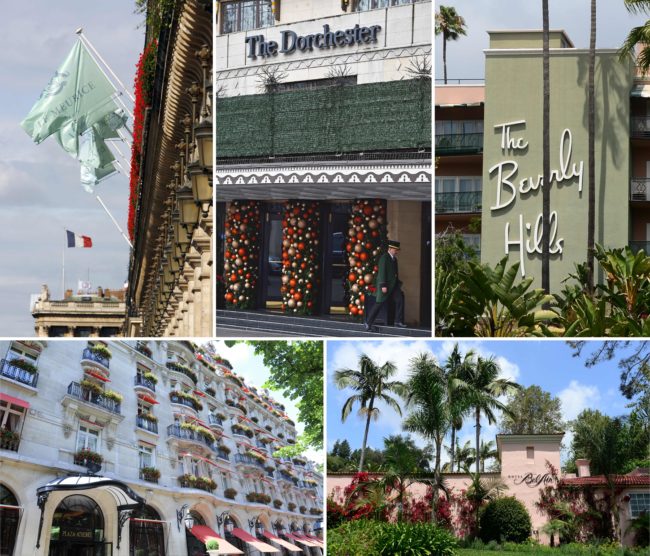 George Clooney boycott: Five of the nine Dorchester Collection hotels owned by Brunei: (top L-R) Hotel Meurice in Paris, The Dorchester in London, The Beverly Hills Hotel in Los Angeles, (bottom L-R) The Hotel Plaza Athenee in Paris and The Hotel Bel-Air in Los Angeles.