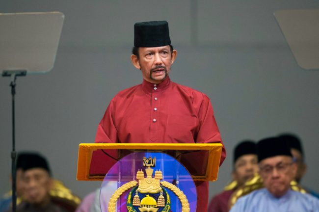 Brunei's Sultan Hassanal Bolkiah delivers a speech during an event in Bandar Seri Begawan on April 3, 2