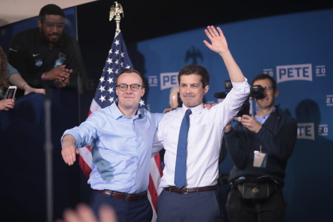 Chasten Buttigieg joins his husband South Bend Mayor Pete Buttigieg on stage after Buttigieg announced that he will be seeking the Democratic nomination for president during a rally in the old Studebaker car factory on April 14, 2019 in South Bend, Indiana.