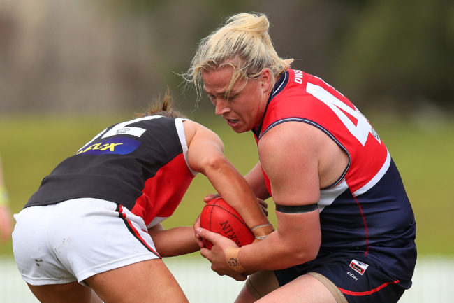 Hannah Mouncey of Darebin (R) in action during the round 14 VFLW match between Darebin and the Southern Saints at Bill Lawry Oval on August 11, 2018 in Melbourne, Australia. 