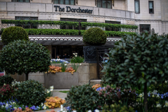 The front entrance is seen at The Dorchester, owned by the Sultan of Brunei, on April 3, 2019 in London, England.