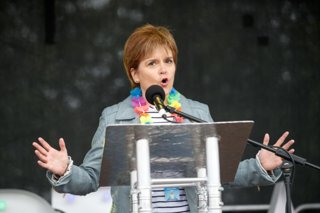 SNP leader and Scottish First Minister Nicola Sturgeon addresses the assembled crowd at Glasgow Pride on August 19, 2017 in Glasgow, Scotland. 